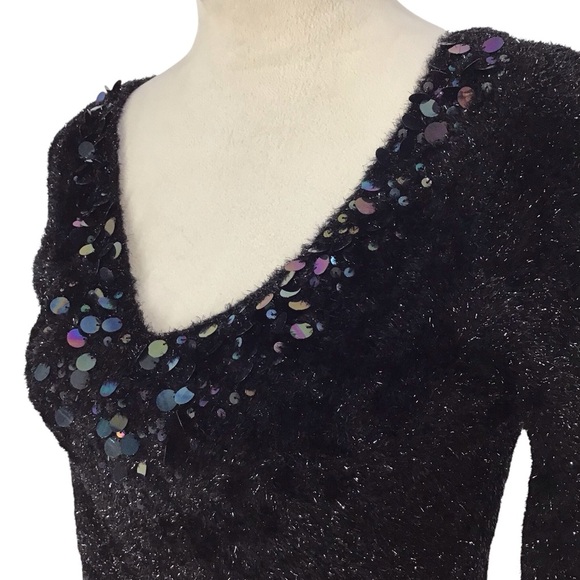 Nicole Miller Black Fuzzy Sequin V Neck Sweater - Picture 5 of 7